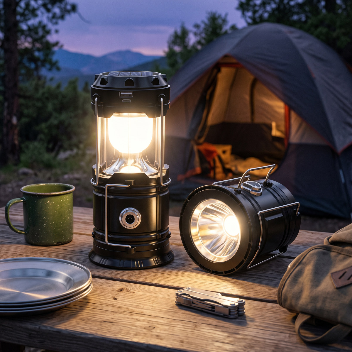 Camping lantern lit on a picnic table at a campsite