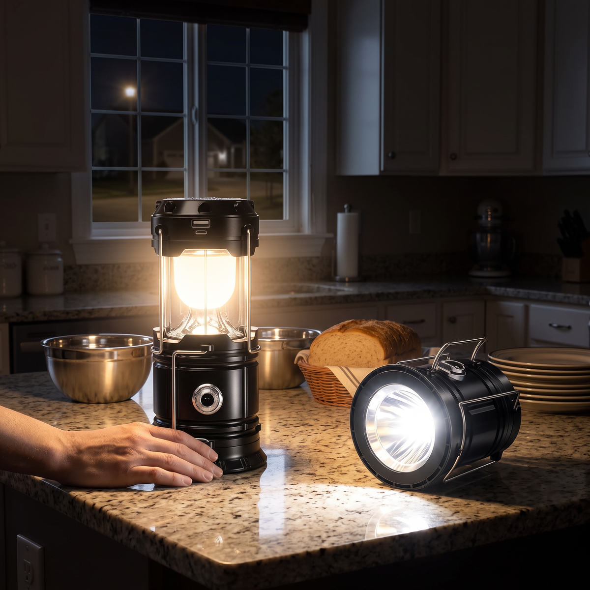 Both lanterns lit on a kitchen counter during a power outage