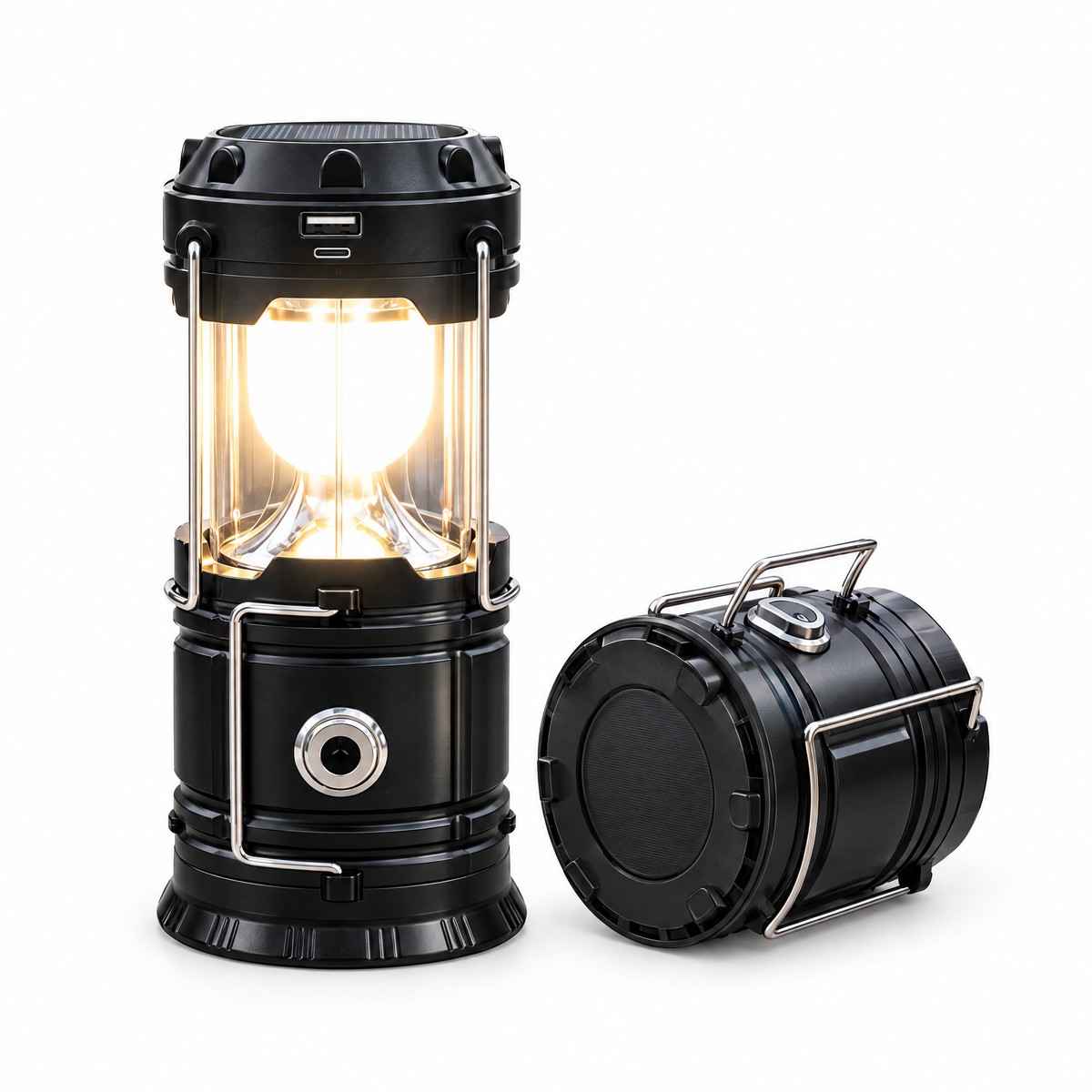 Collapsible solar camping lanterns, one lit and one collapsed, 2 pack on a white background