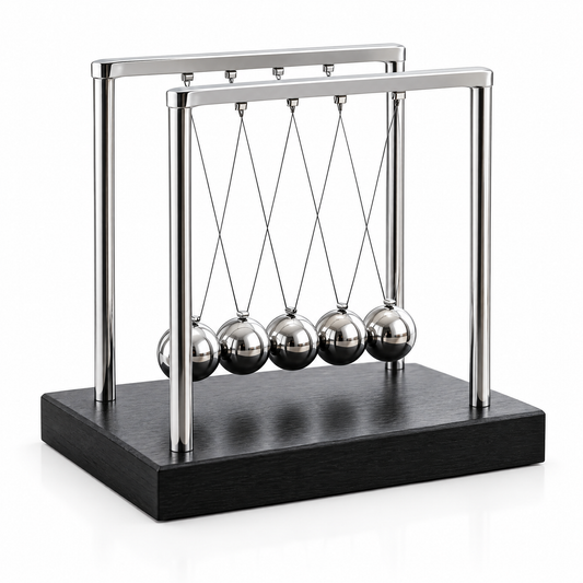 Large Newton's cradle with five steel balls and a black wooden base on a white background