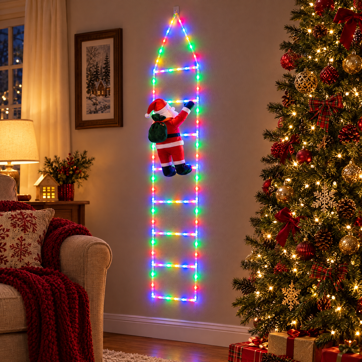 Santa ladder lights hanging indoors beside a decorated Christmas tree