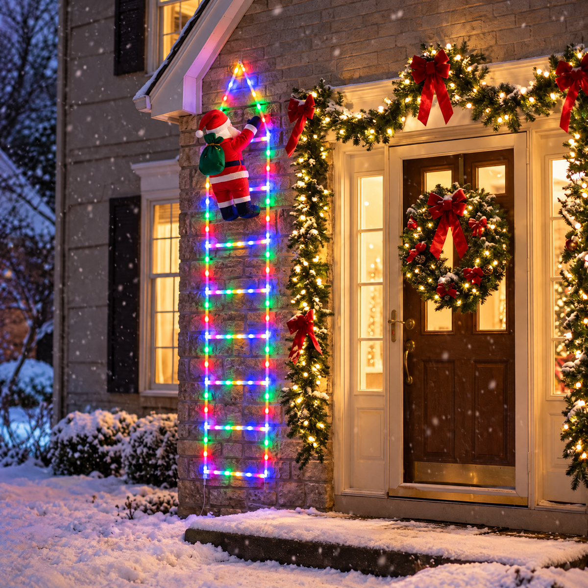 Santa ladder lights on a brick wall beside a wreathed front door in the snow