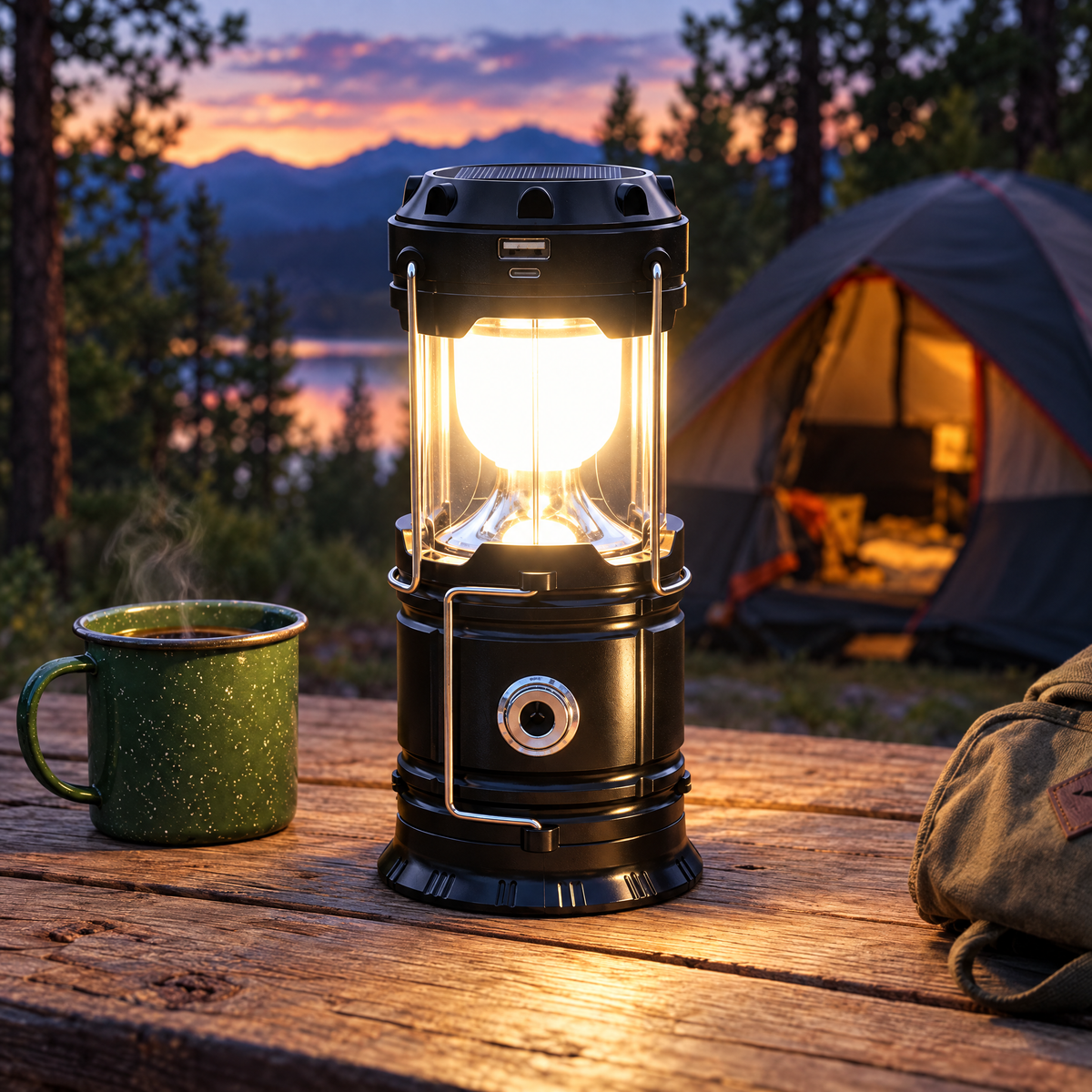 Collapsible camping lantern glowing on a wooden table at dusk