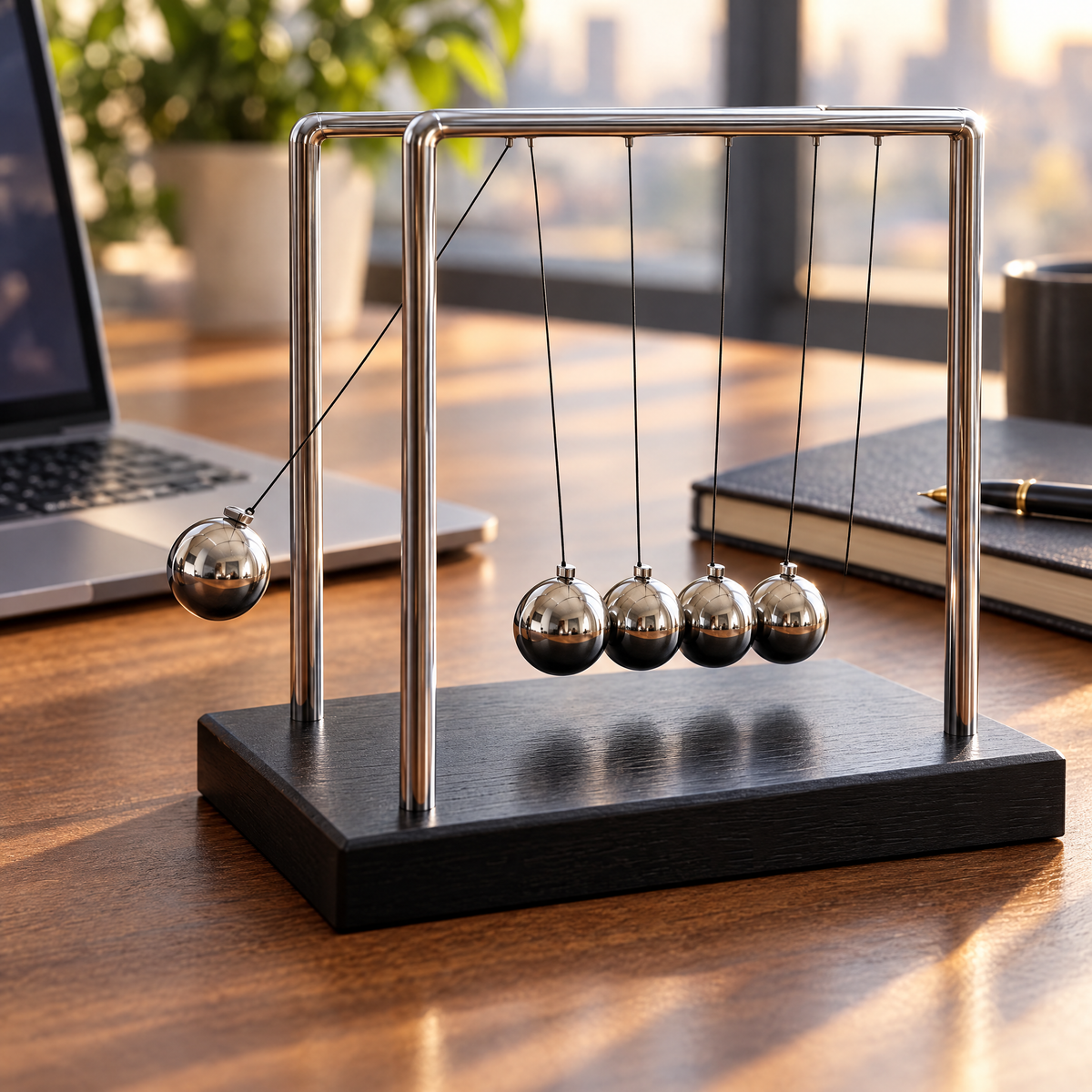 Newton's cradle on an office desk with one ball swinging
