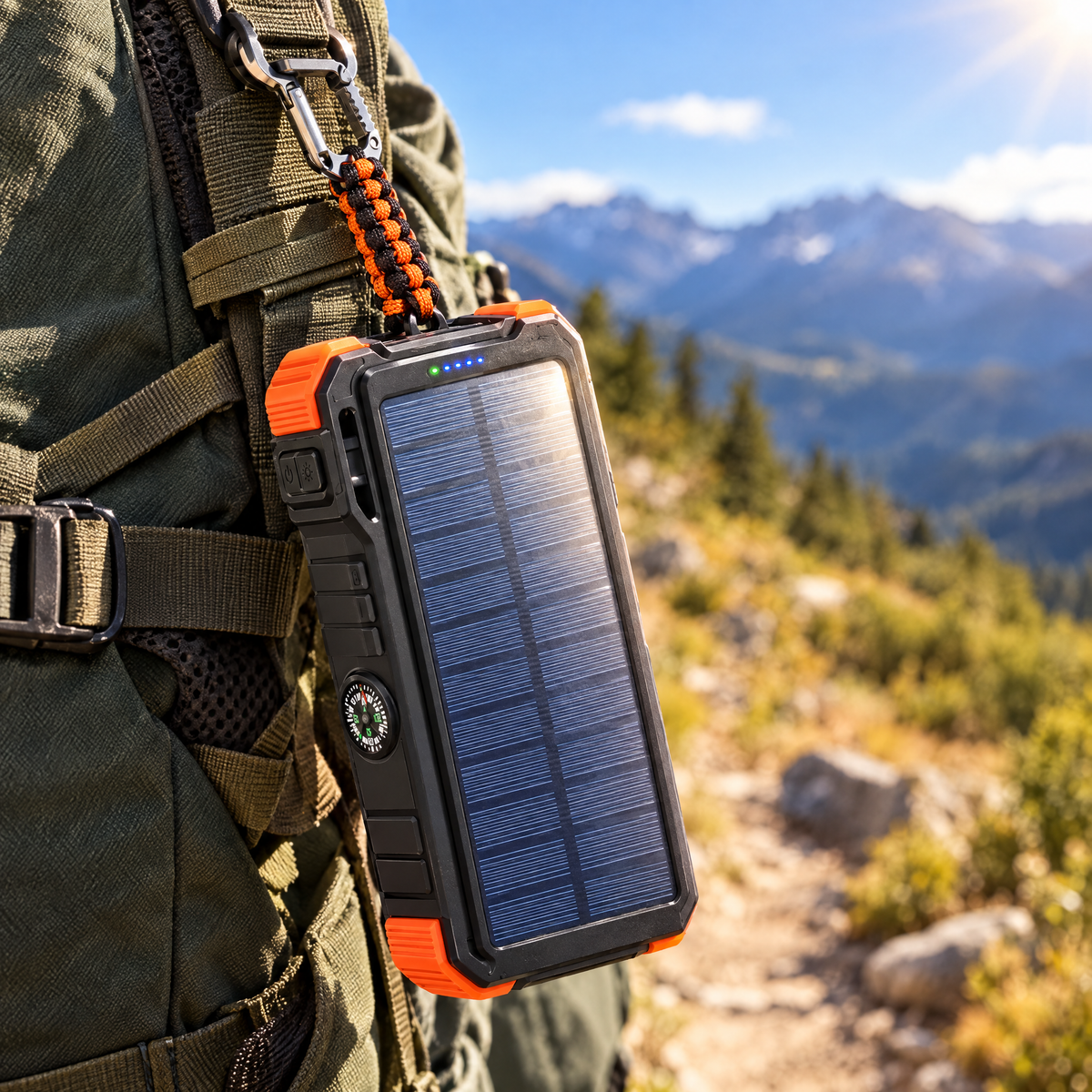 Solar power bank clipped to a hiking backpack strap with its solar panel facing the sun
