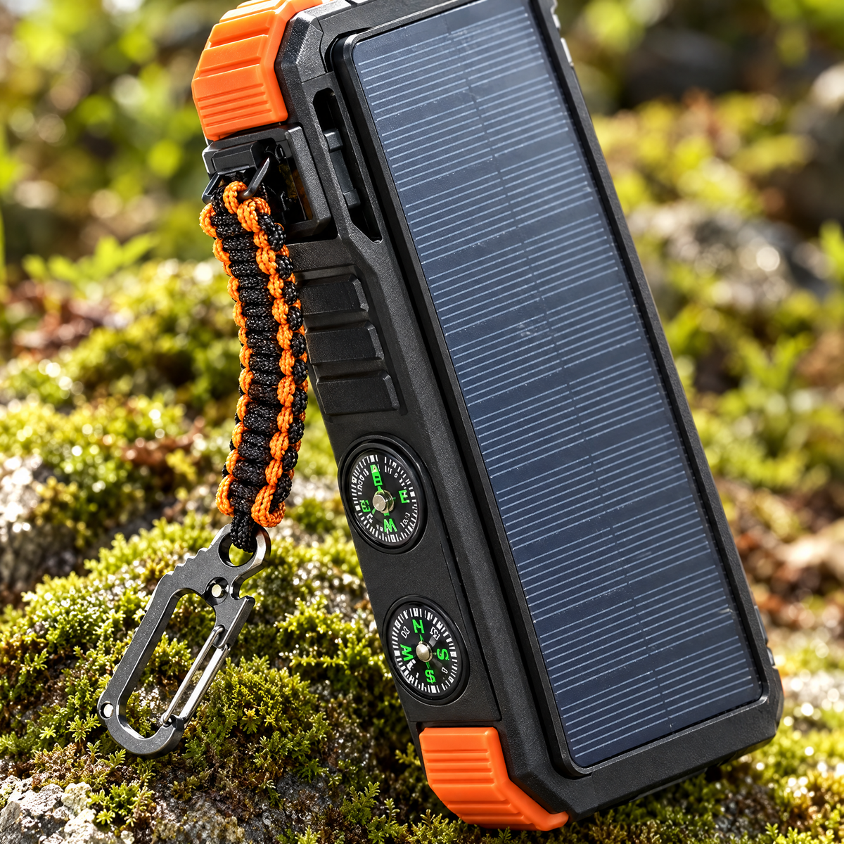 Close-up of the solar panel, compass and carabiner of the power bank on a mossy rock