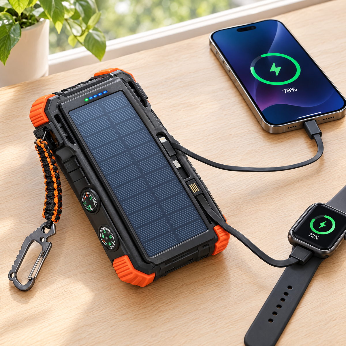 Solar power bank charging a phone and a smartwatch with its built-in cables on a desk