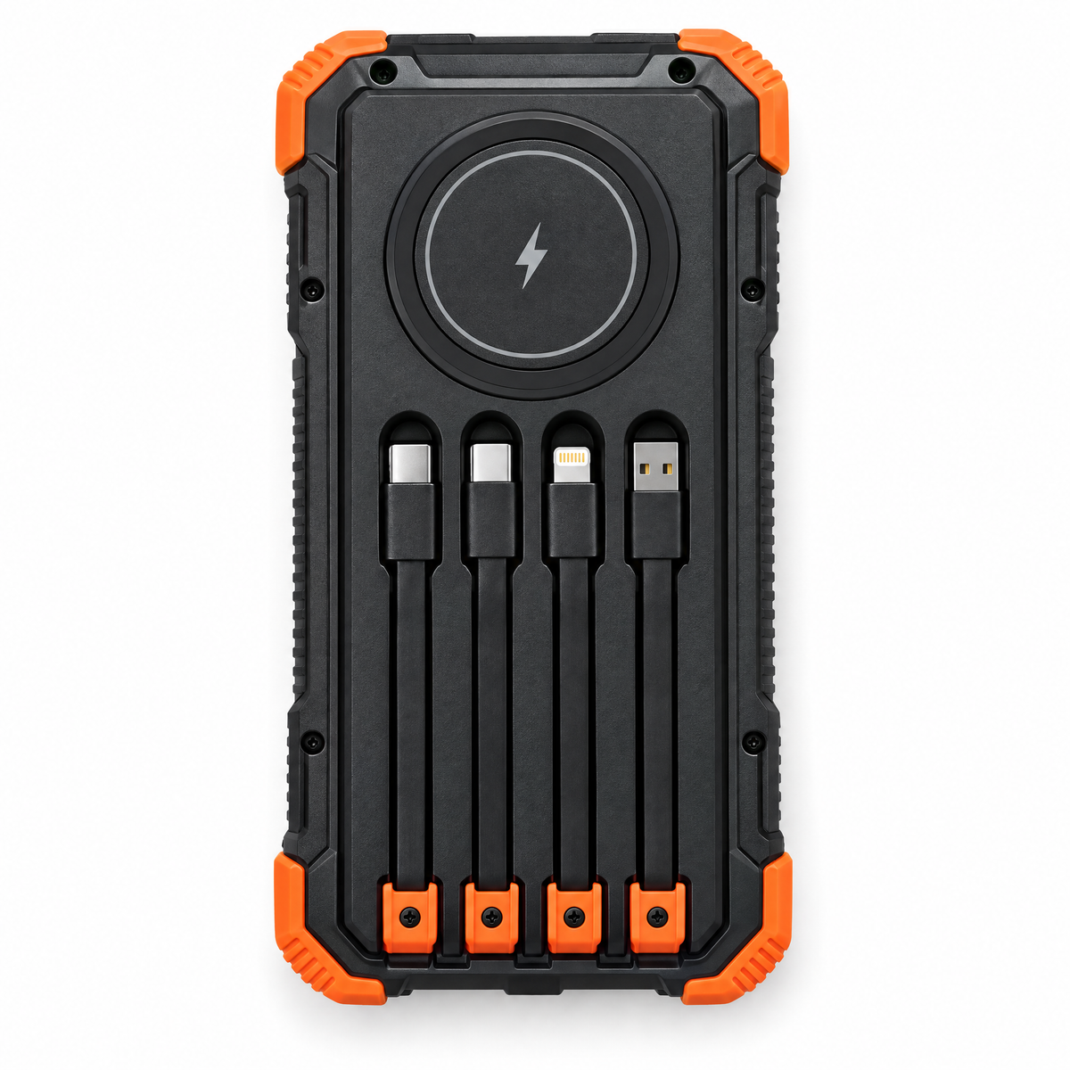 Back of the solar power bank showing the round pad and four built-in charging cables
