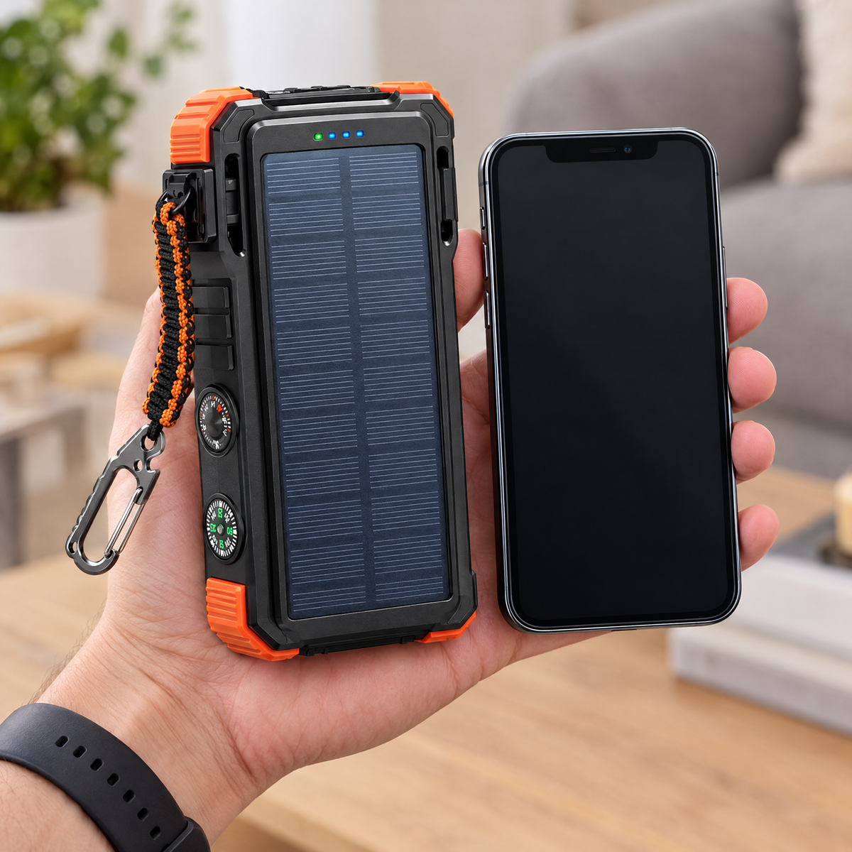 Hand holding the solar power bank next to a smartphone to show its size