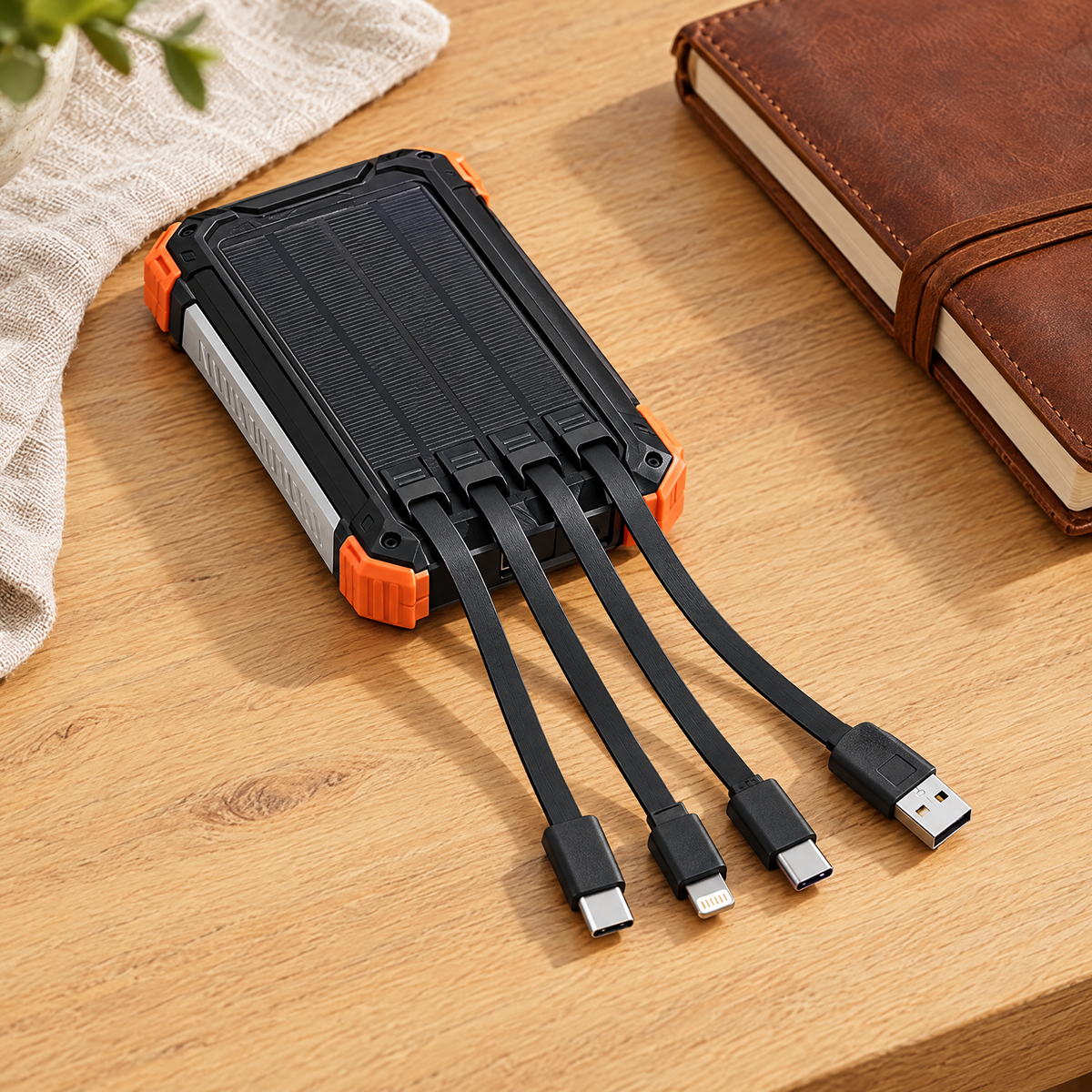 Orange solar power bank with four built-in charging cables pulled out on a wooden table
