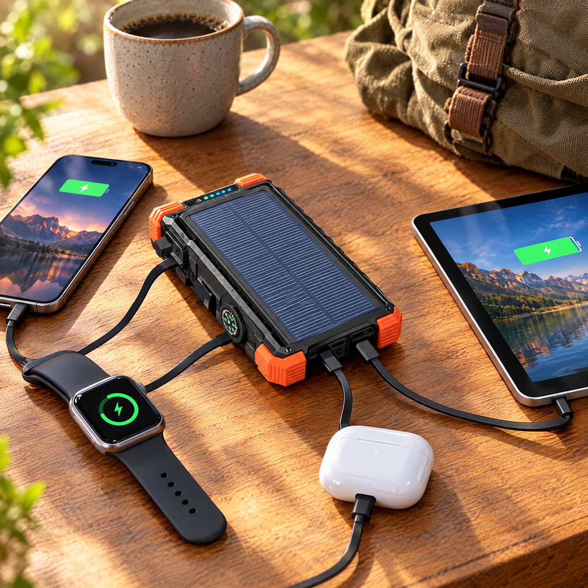 Solar power bank charging a phone, smartwatch, earbuds and tablet at once
