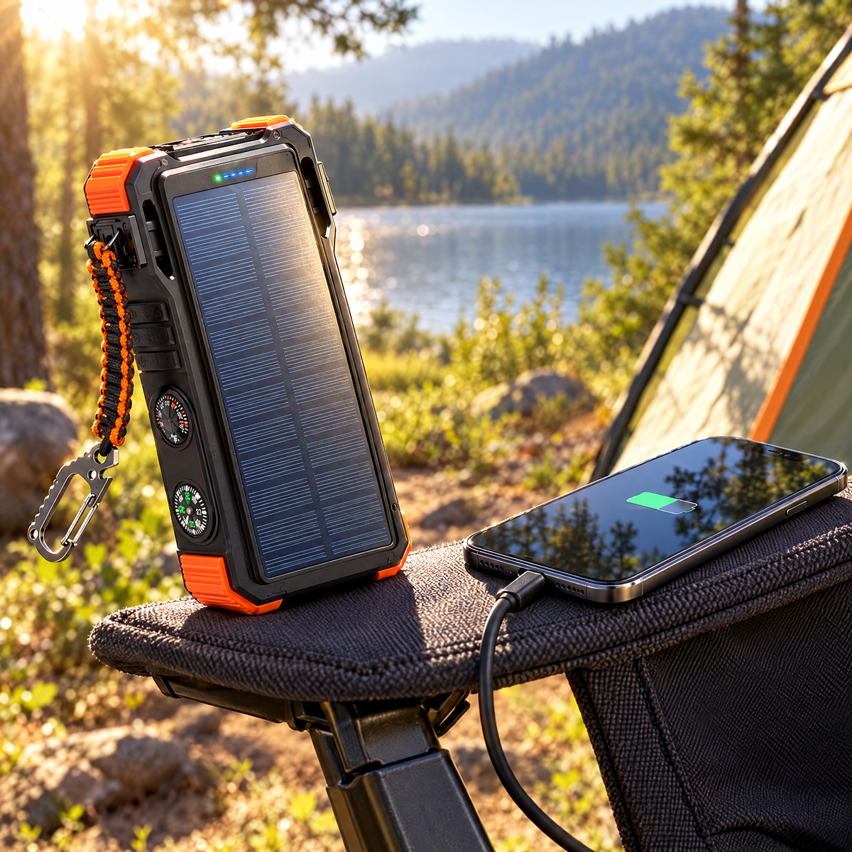 Solar power bank in the sun at a campsite charging a phone