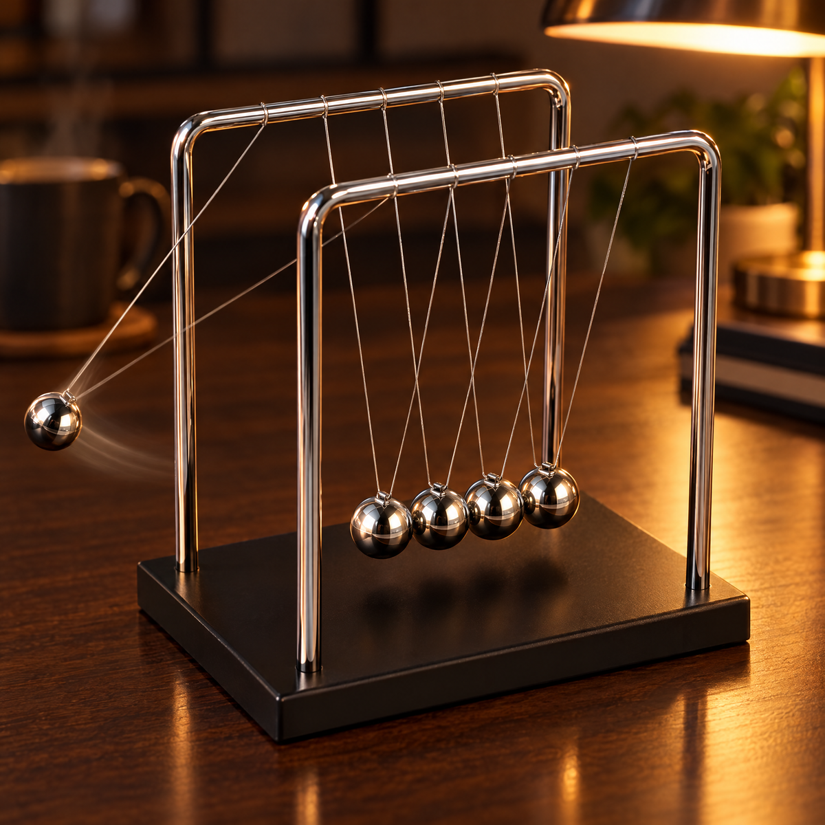 Newton's cradle with one ball mid-swing on a walnut desk in the evening