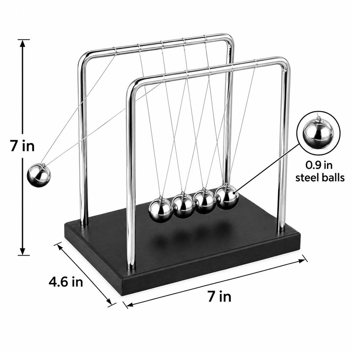 Newton's cradle size diagram: 7 in high, 7 in wide, 4.6 in deep, 0.9 in steel balls