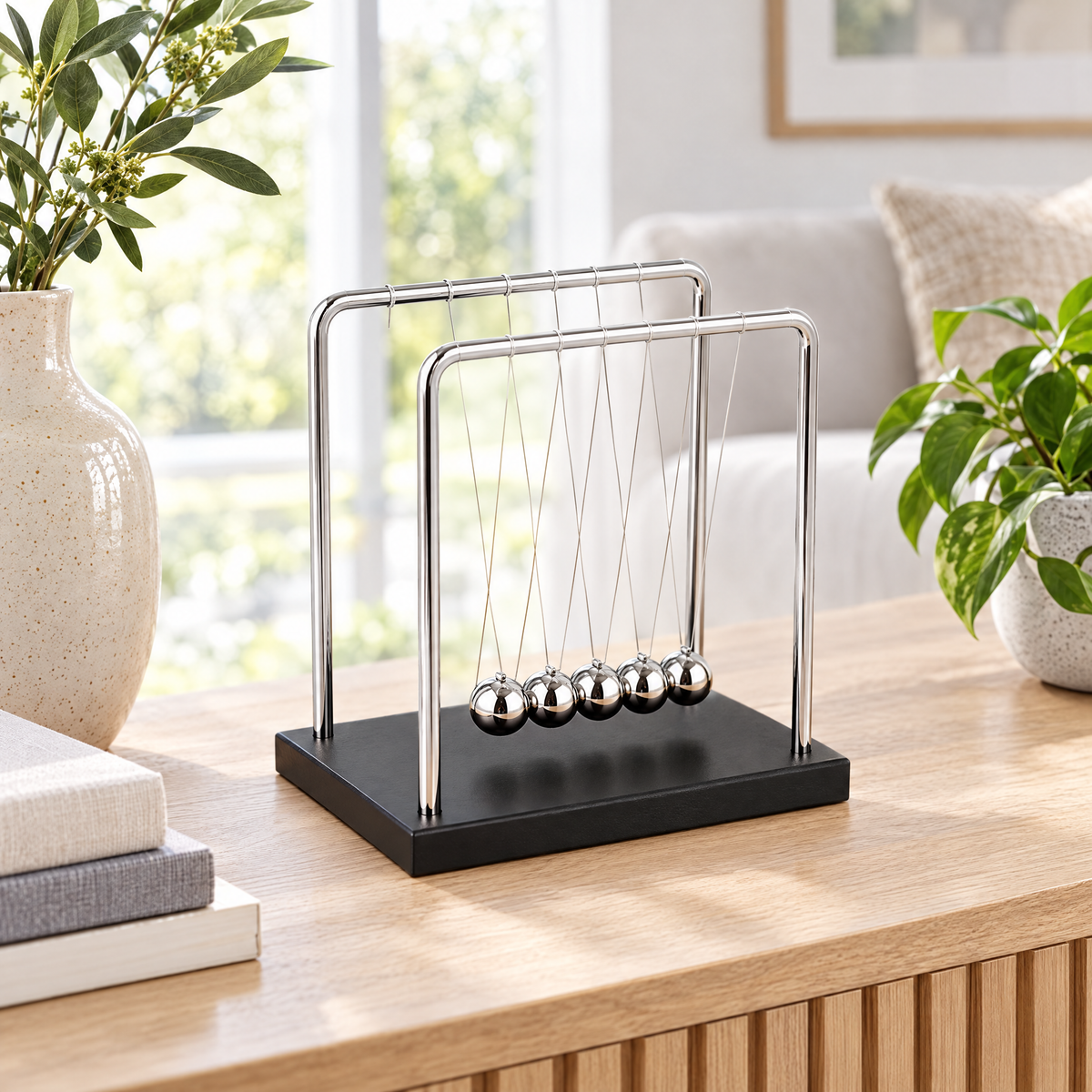 Newton's cradle styled as decor on a console table in a bright living room