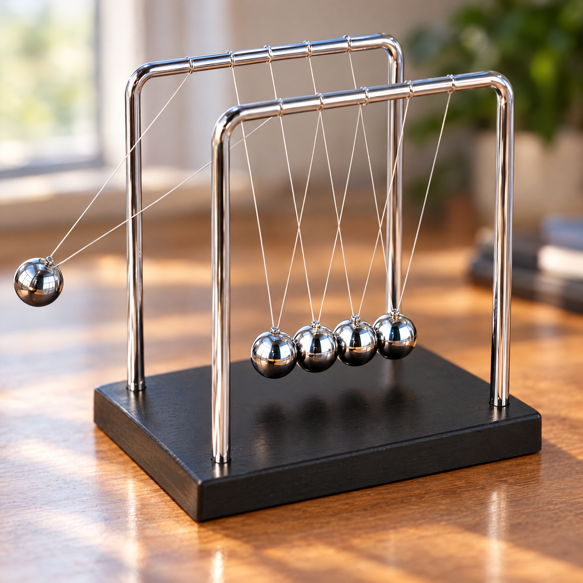 Close-up of a Newton's cradle ball lifted out to the left before it swings