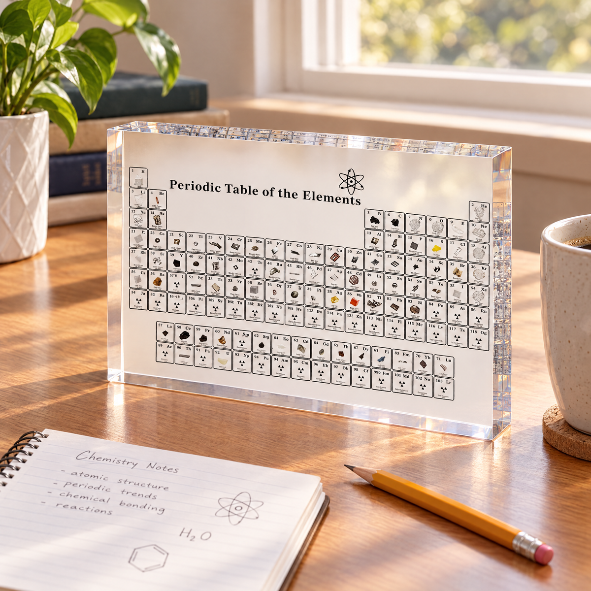 Periodic table block displayed on a desk