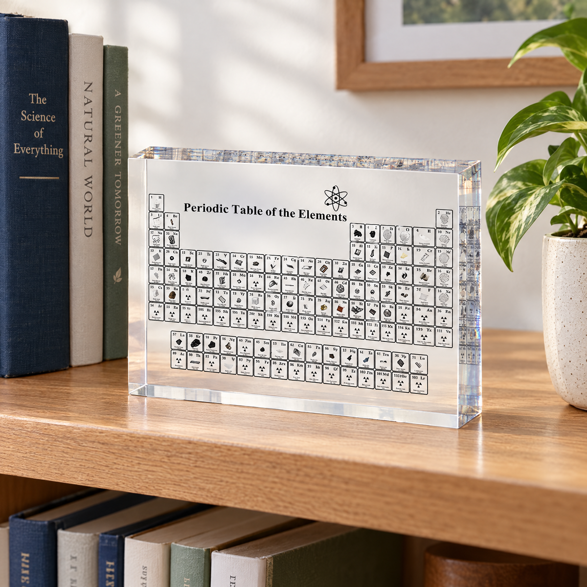 Periodic table block on a bookshelf