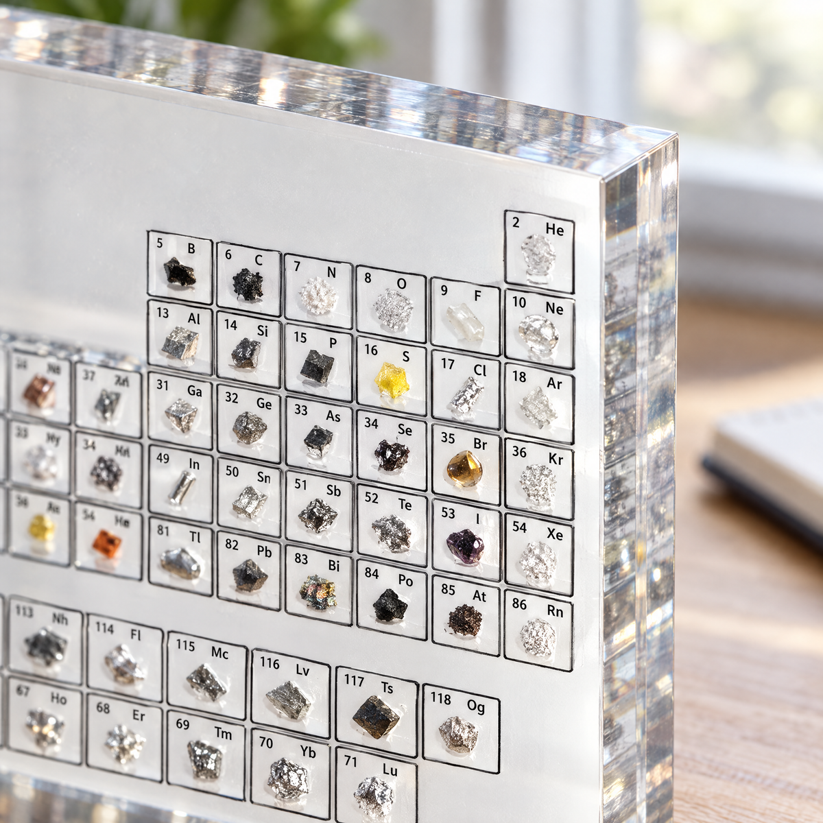 Close-up of real element samples sealed in clear acrylic