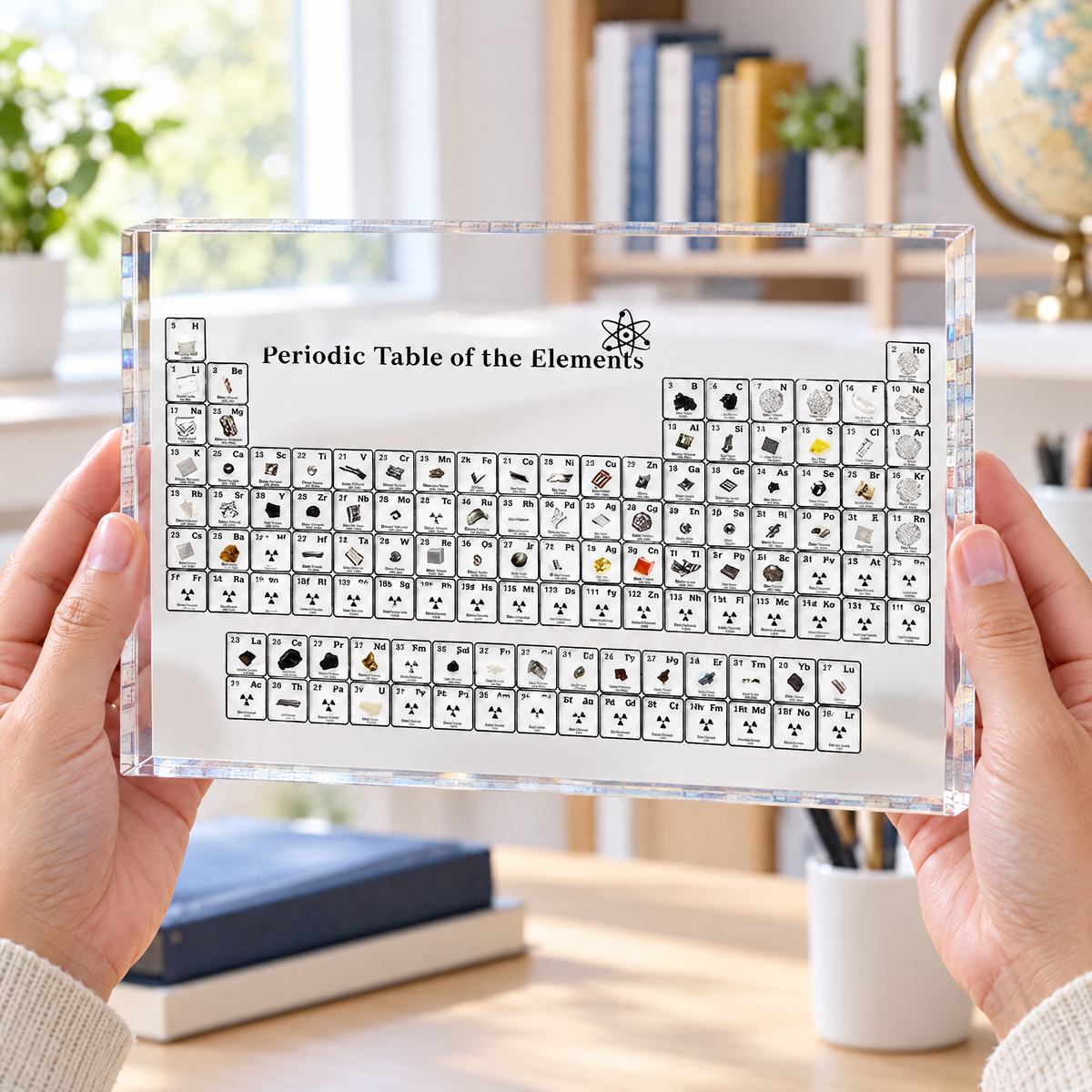 Holding the periodic table block in one hand