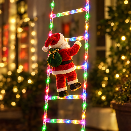 Close-up of the climbing Santa and glowing multicolor ladder rungs