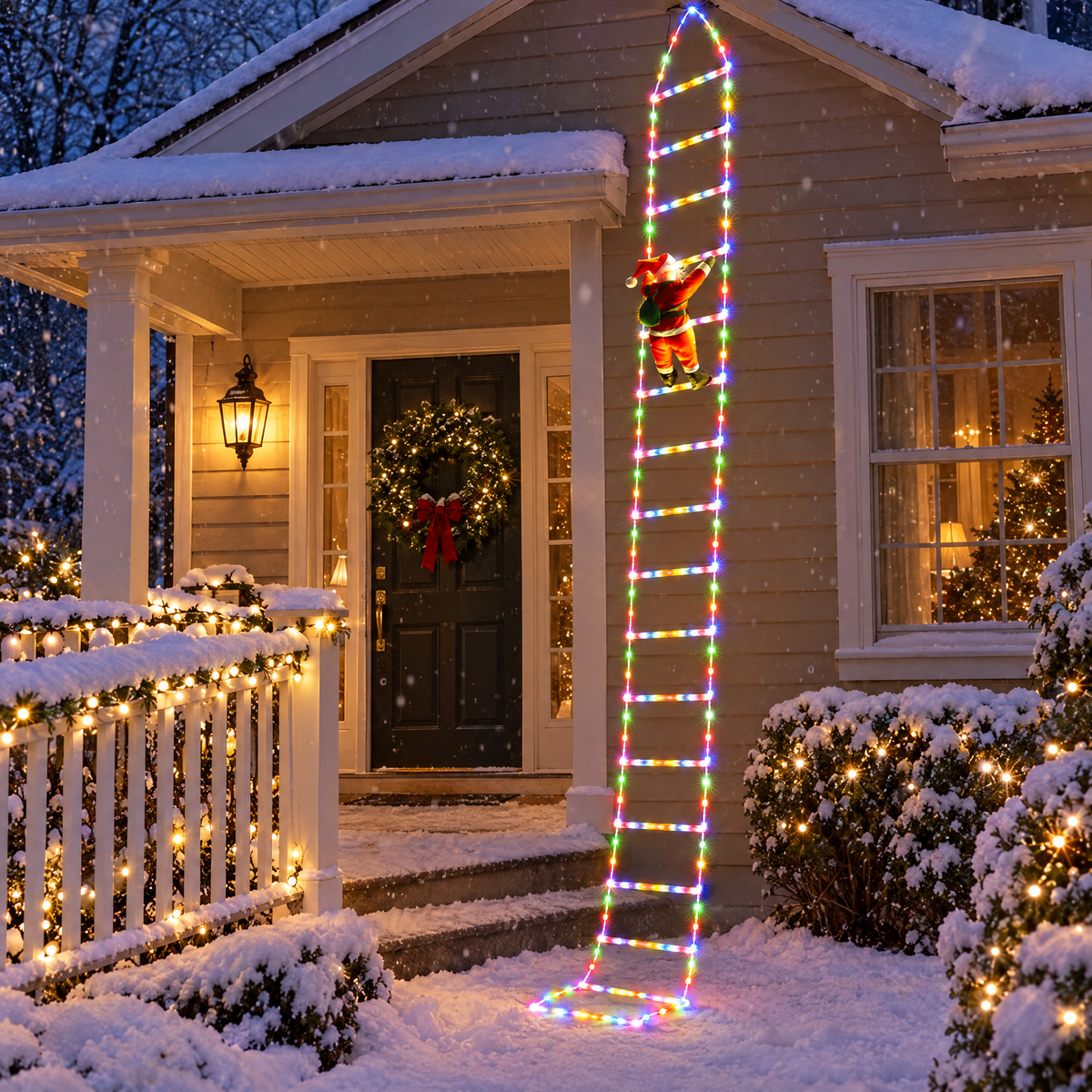 Santa ladder lights on a covered porch beside a front door