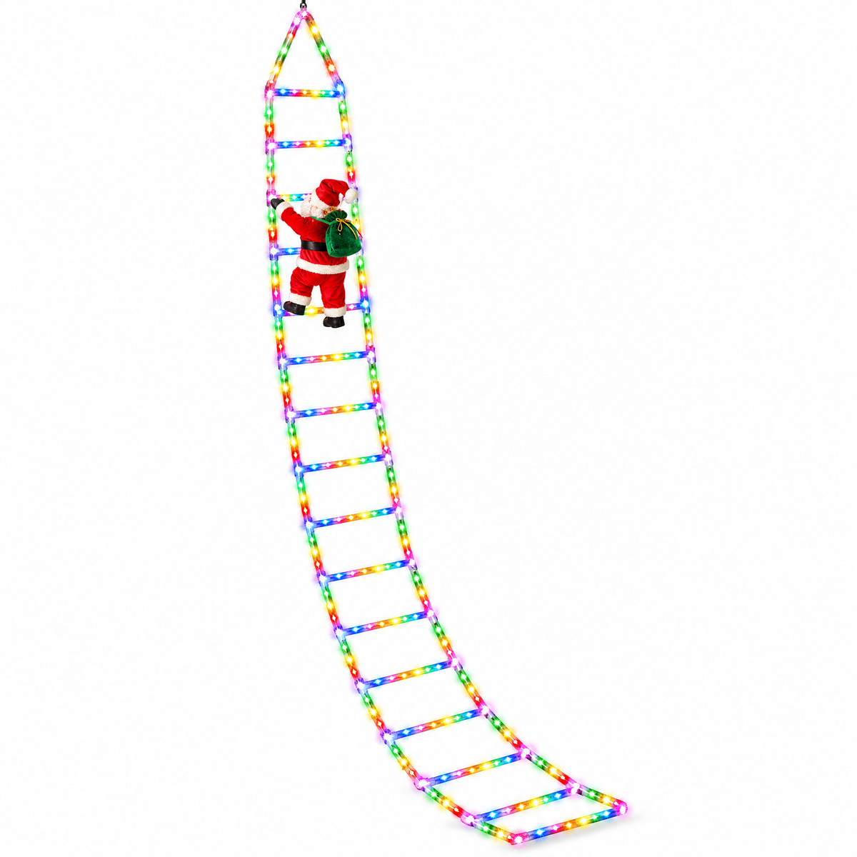 10 ft multicolor LED Christmas ladder lights with a climbing Santa on a white background