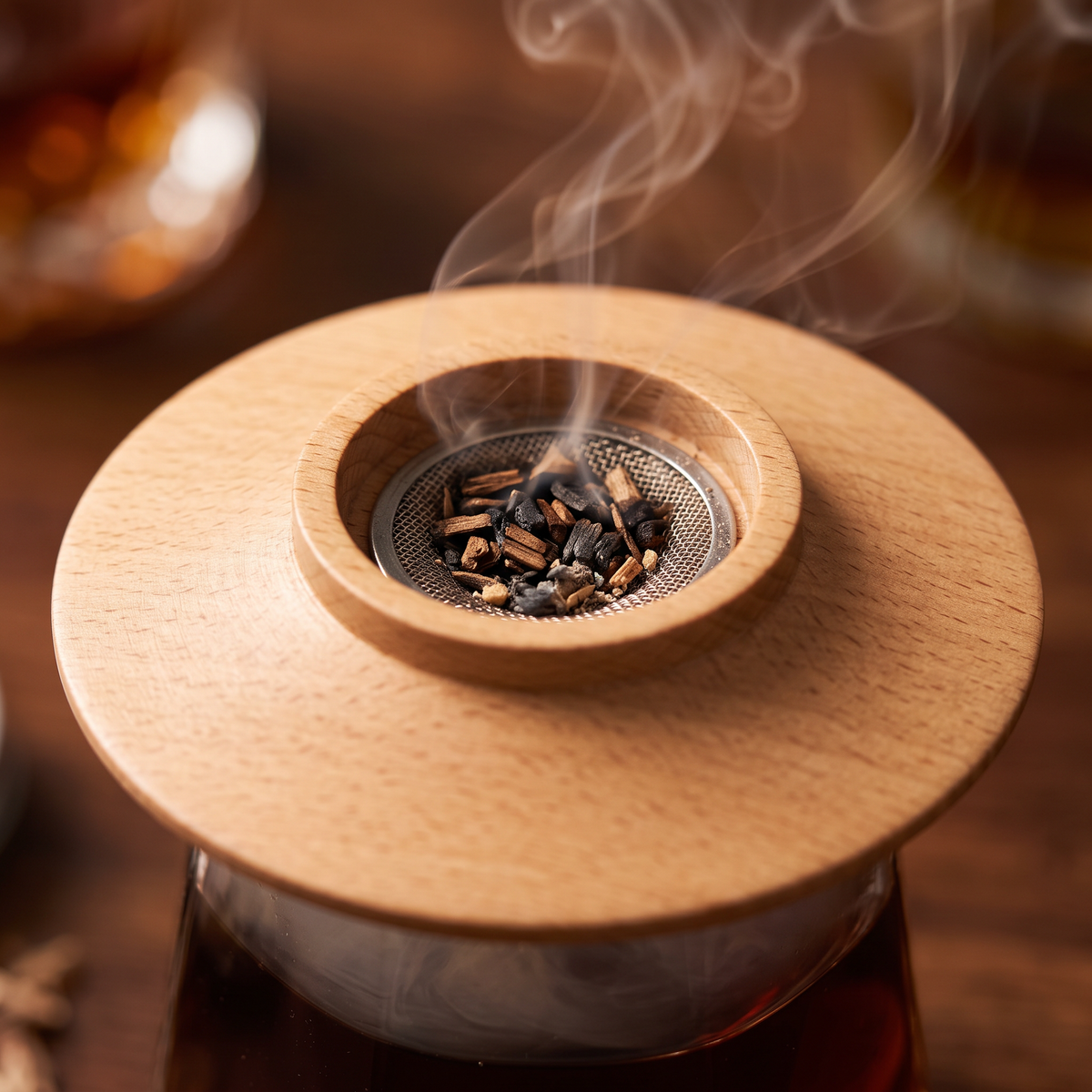 Close-up of the oak smoker lid with smoking wood chips