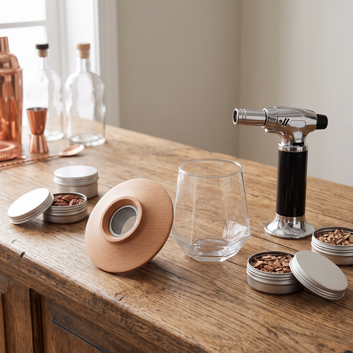 Cocktail smoker kit pieces on a wooden table: oak smoker lid, torch, glass and wood chip tins