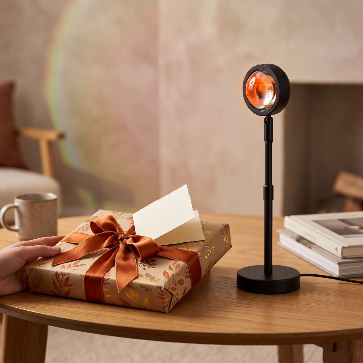 Sunset lamp beside a wrapped gift
