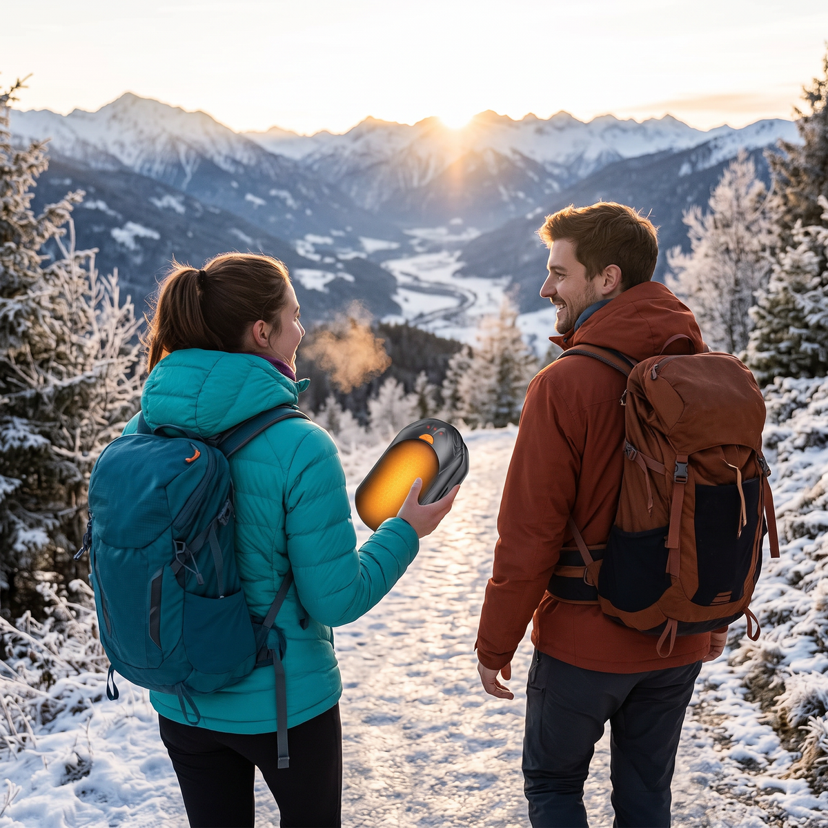 Two hikers on a snowy trail with a glowing hand warmer
