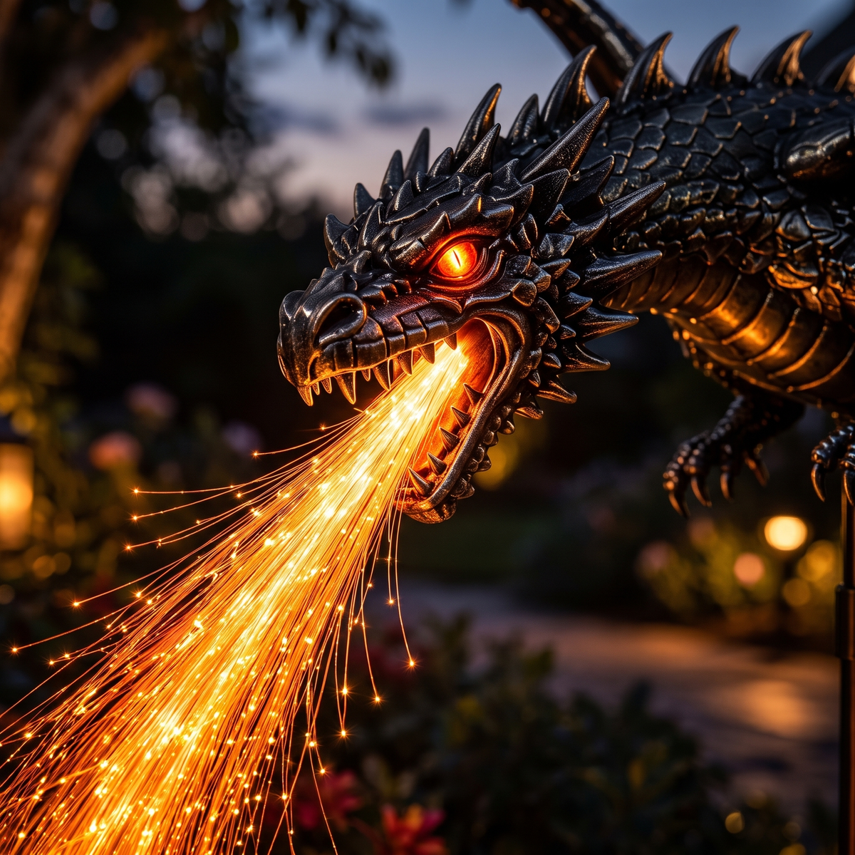 Close-up of the dragon head with glowing fiber-optic flame strands