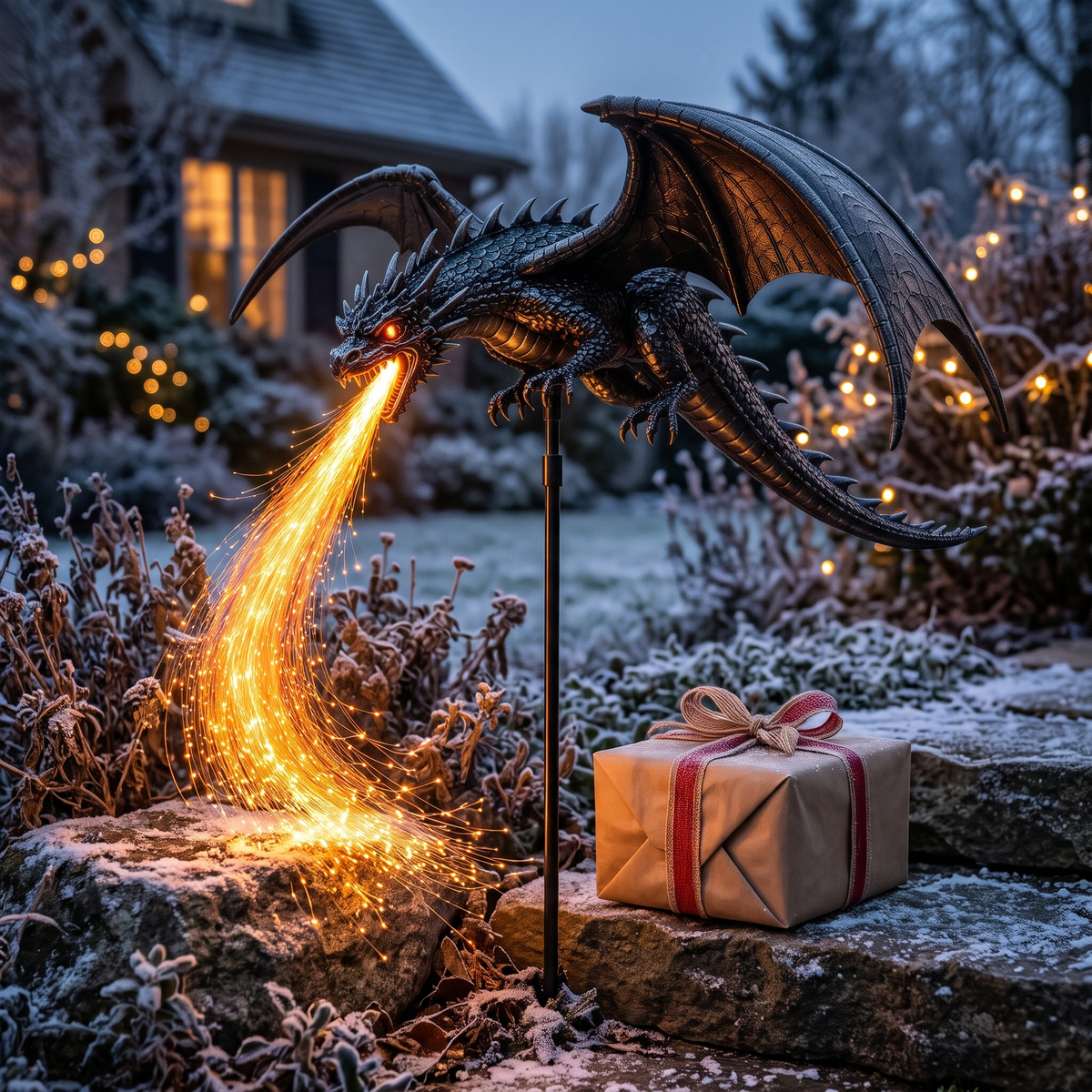 Glowing dragon garden light beside a wrapped gift on a frosty step