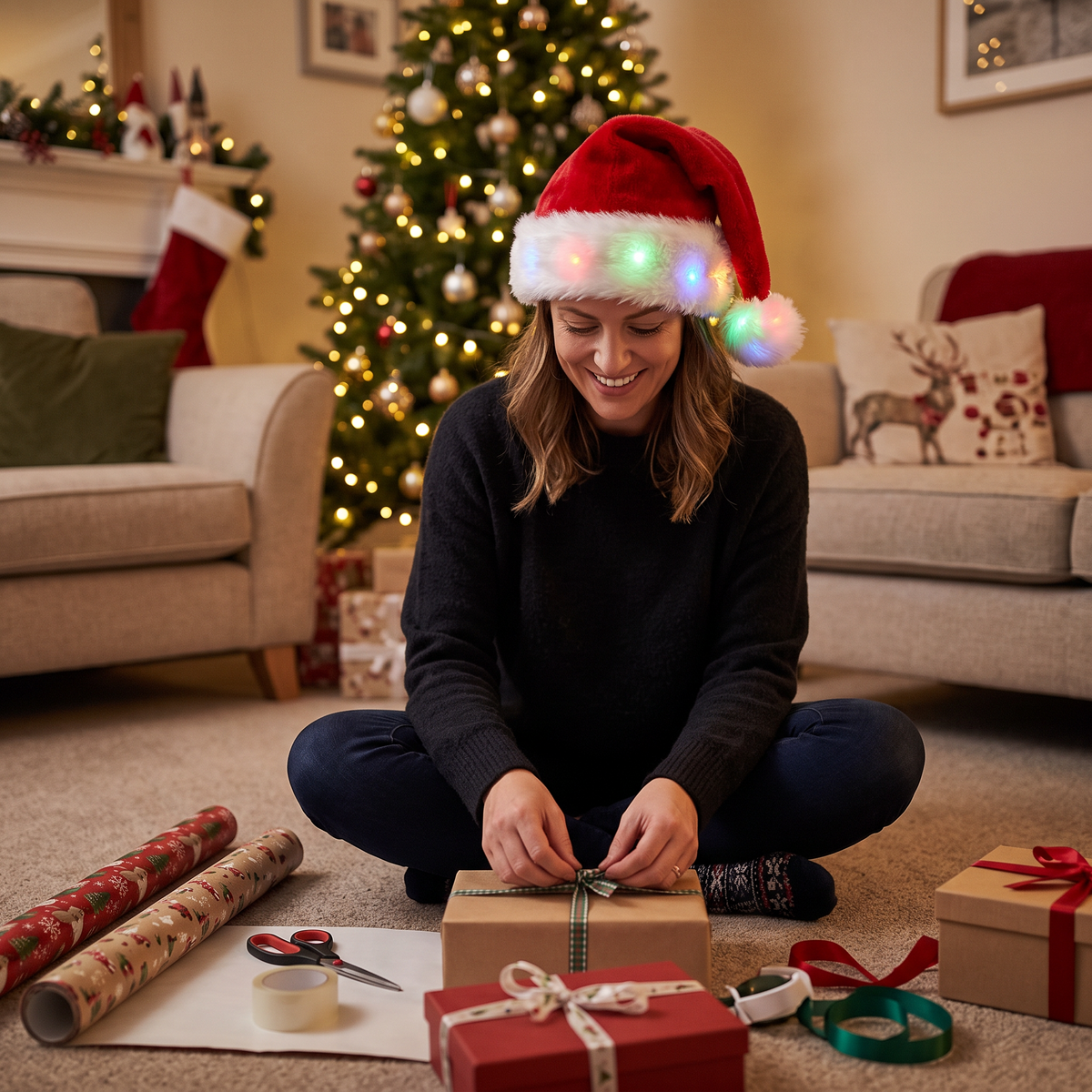 Woman wearing a light-up Santa hat wrapping Christmas gifts by the tree