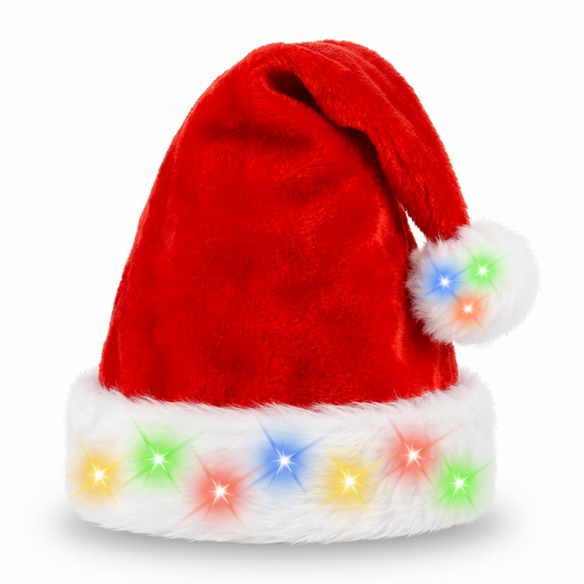Red velvet light-up Santa hat with multicolor LEDs in the white brim and pom-pom on white background