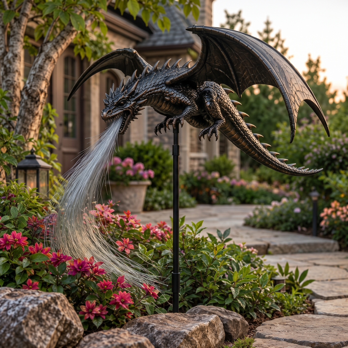 Dragon garden light among flowers beside a stone path