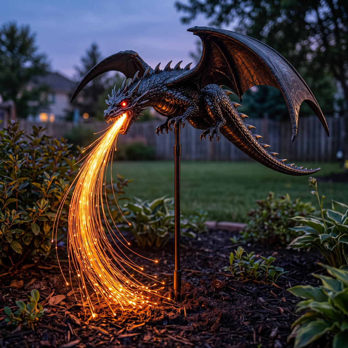 Black winged dragon garden stake breathing an orange fiber-optic flame at dusk