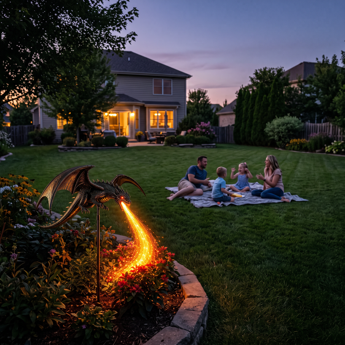 Family relaxing on a lawn at twilight with the dragon light glowing nearby