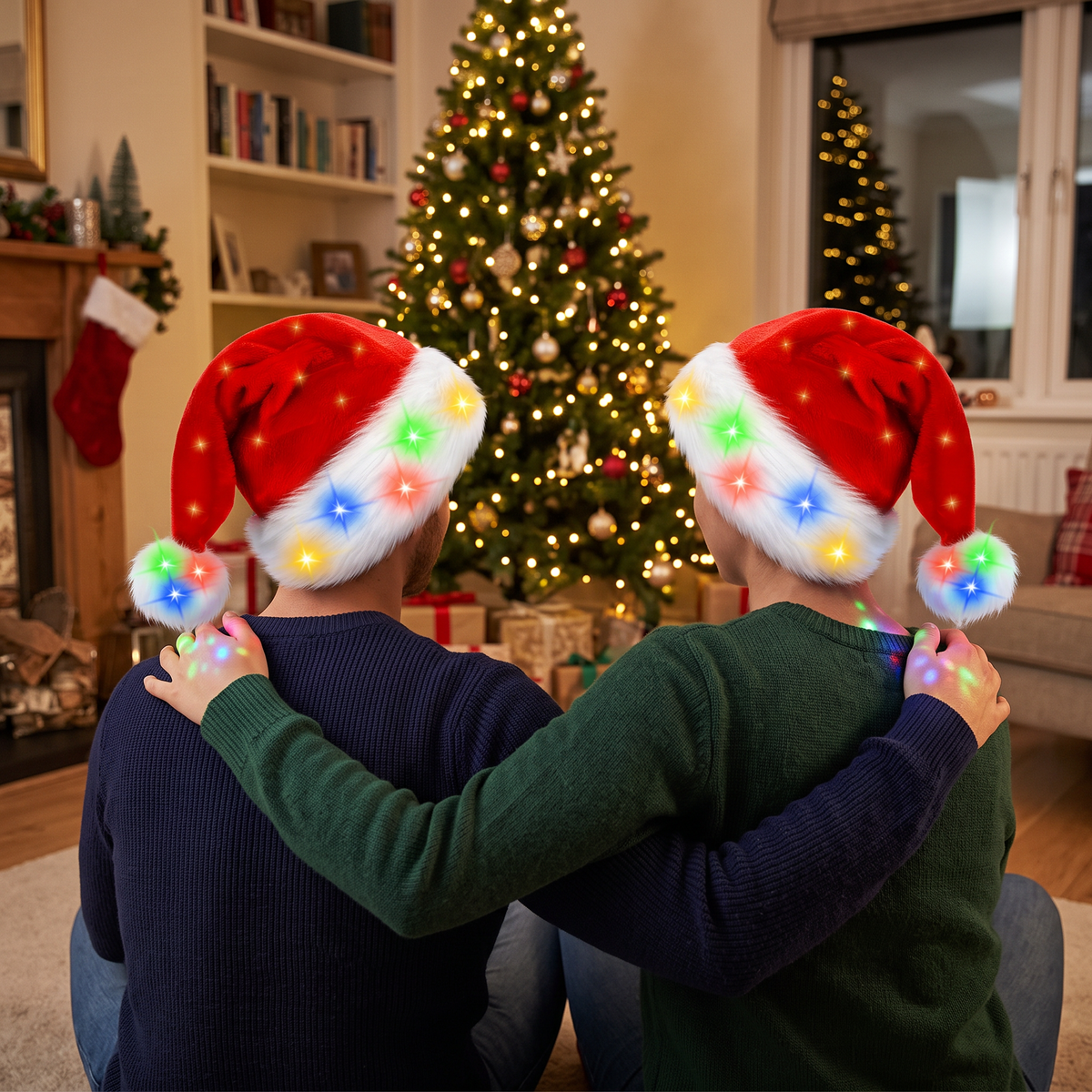 Two friends in light-up Santa hats looking at a Christmas tree