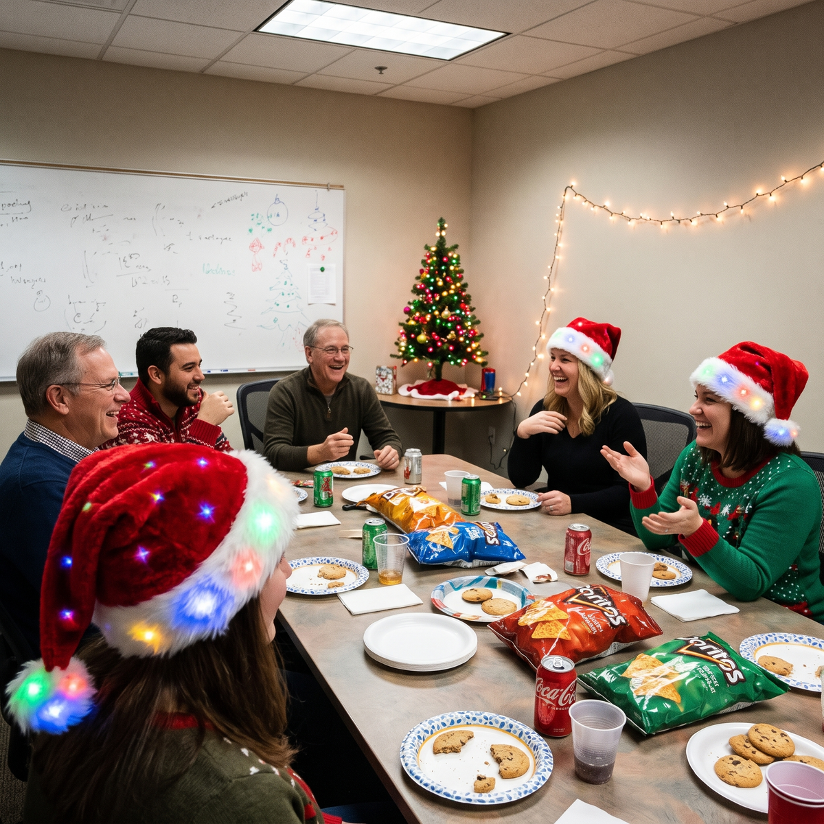 Coworkers laughing at an office holiday party in light-up Santa hats