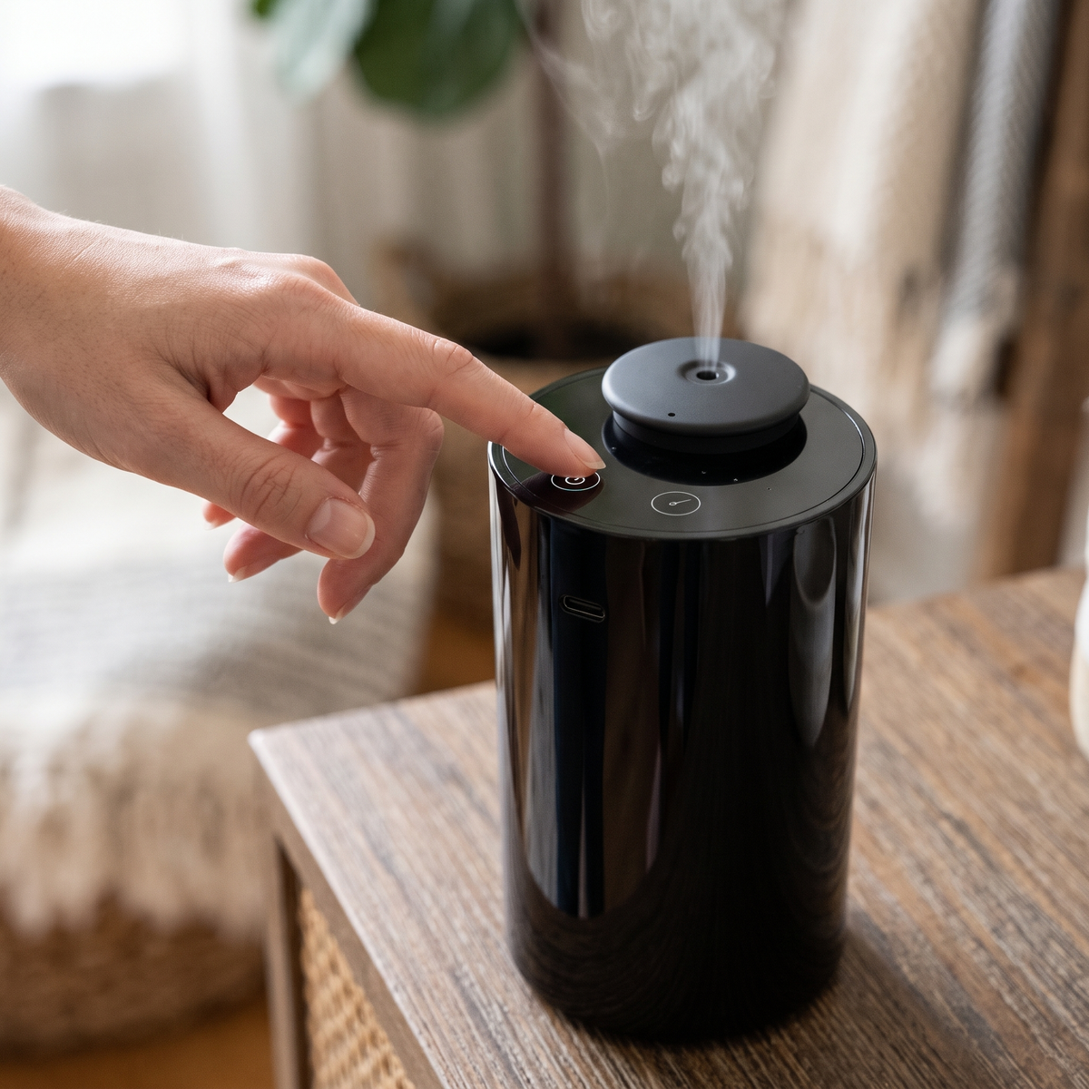 Hand touching the power button on the black waterless diffuser