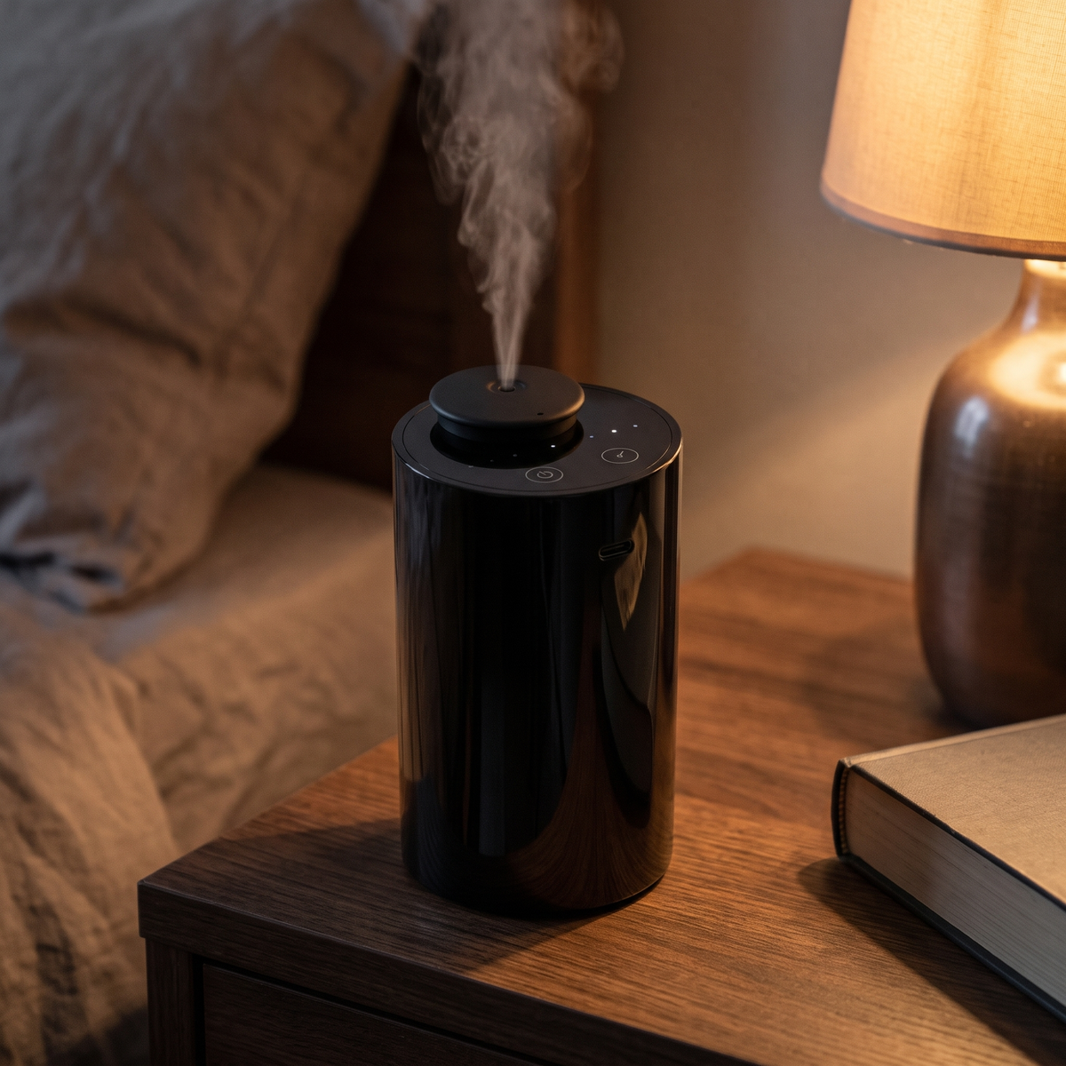 Black waterless diffuser misting on a bedroom nightstand