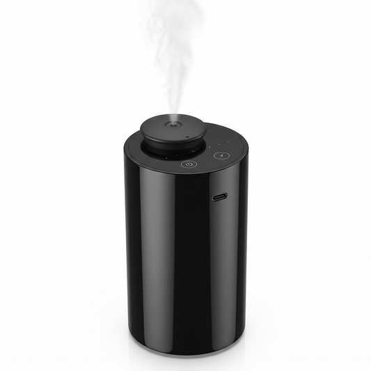 Black waterless essential oil diffuser on white background
