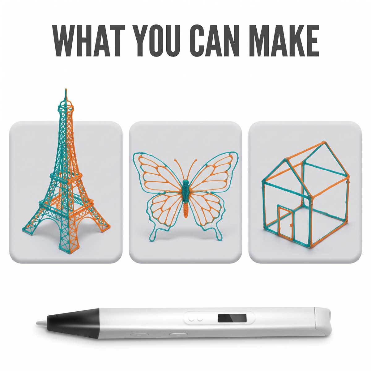 What you can make with a 3D printing pen: a tower, a butterfly and a house frame