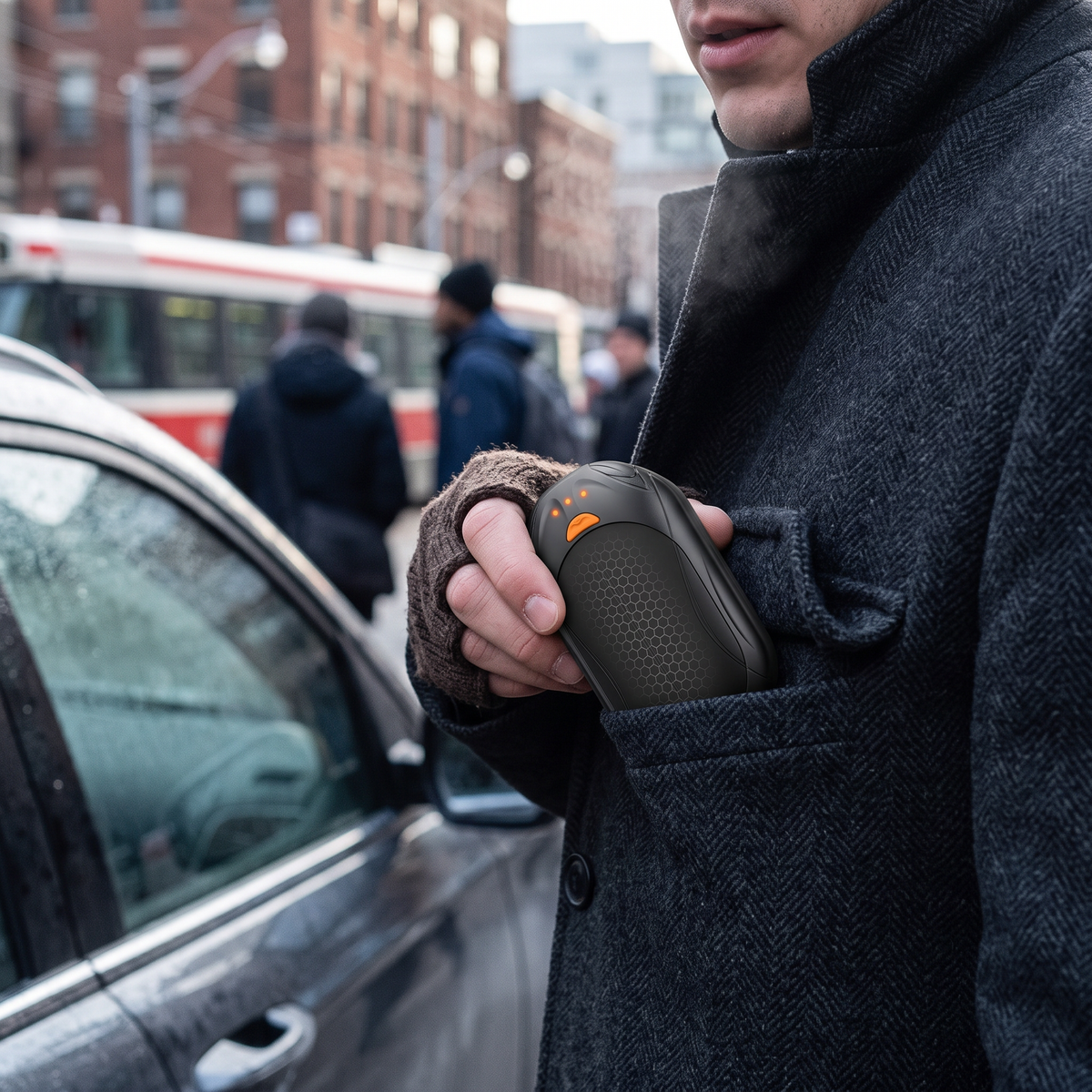 Hand warmer in a coat pocket on a cold city street
