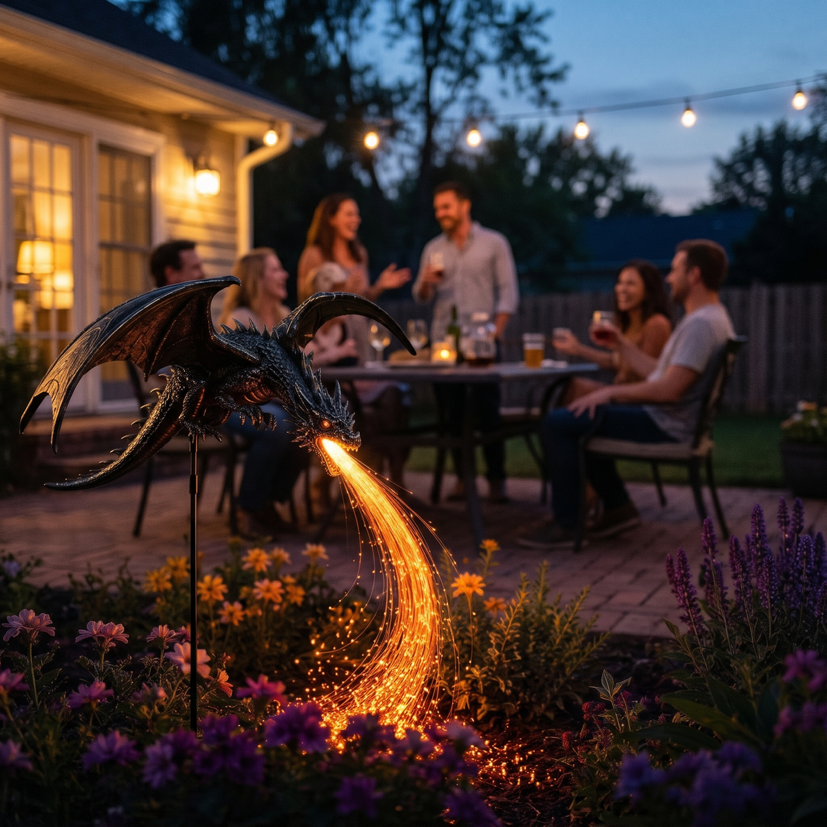 Friends laughing on a backyard patio beside the glowing dragon light
