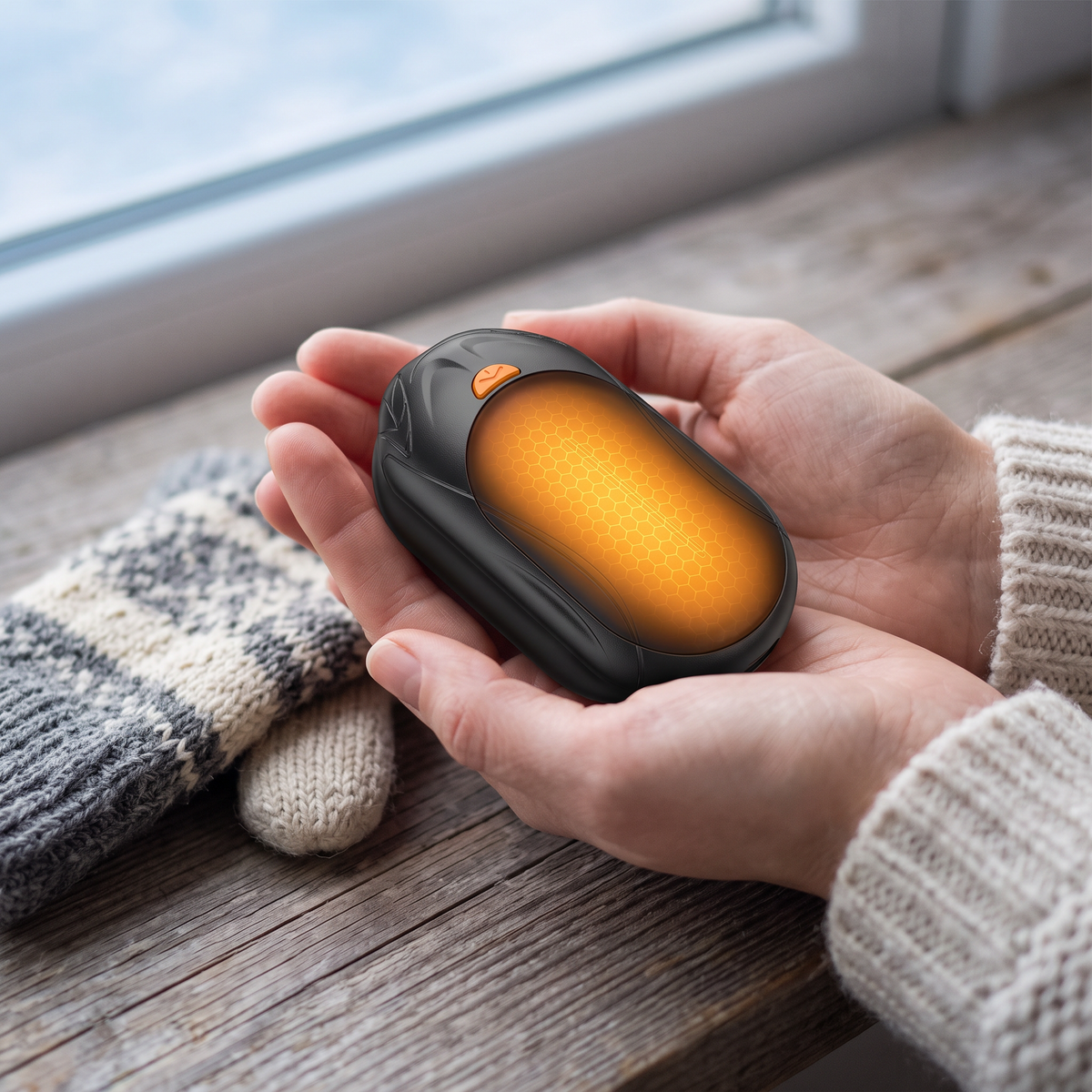 Hands holding a glowing hand warmer beside knitted mittens on a wooden sill