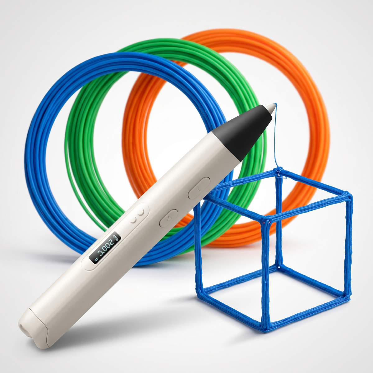 White 3D printing pen with OLED display, three filament coils and a blue wireframe cube