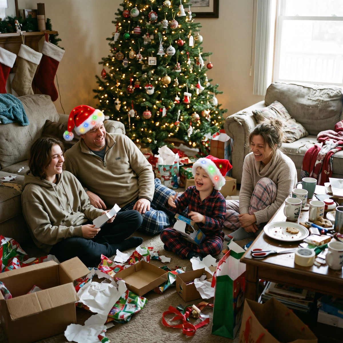 Family opening gifts on Christmas morning, two in light-up Santa hats
