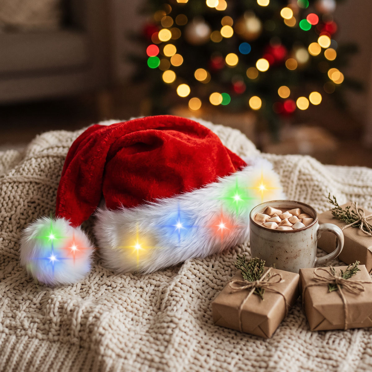 Light-up Santa hat on a knit blanket with cocoa and gifts